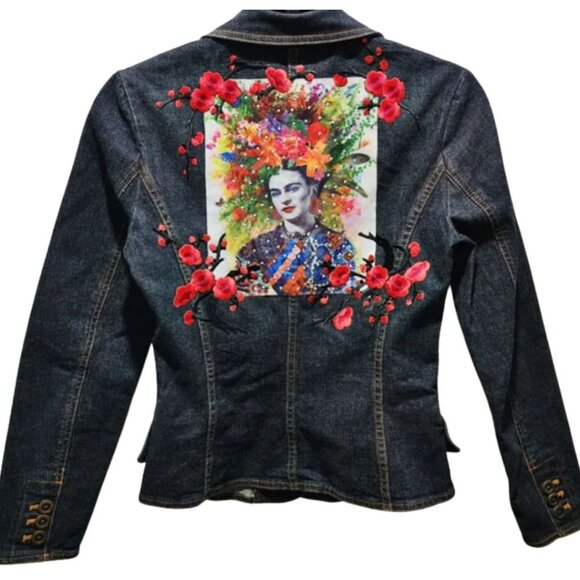Frida Kahlo Floral Upcycled Custom Denim Jacket, Size XS - Picture 6 of 6